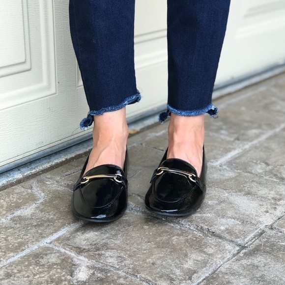 Black Patent Penny Loafers w Gold Bar Accent - Picture 7 of 8